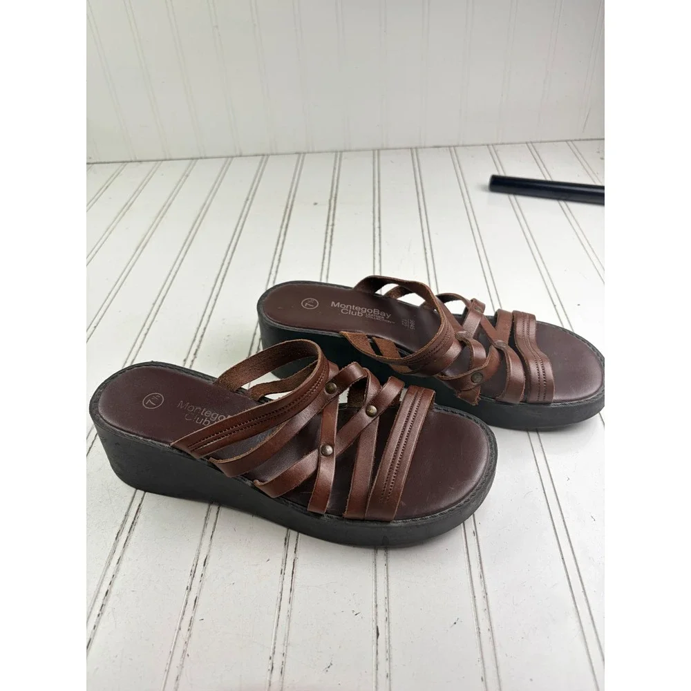 Montego Bay Vintage Y2K Brown Leather Strappy Platform Sandals Women's Size 7.5